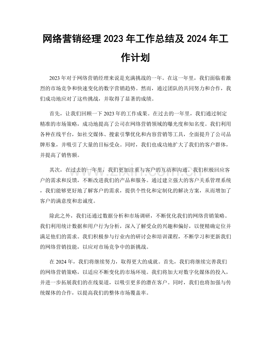 网络营销经理2023年工作总结及2024年工作计划.docx_第1页