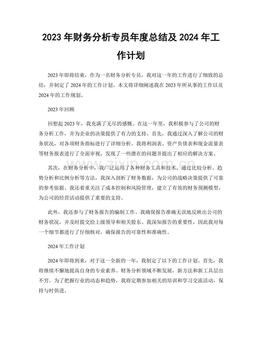 2023年财务分析专员年度总结及2024年工作计划.docx_第1页