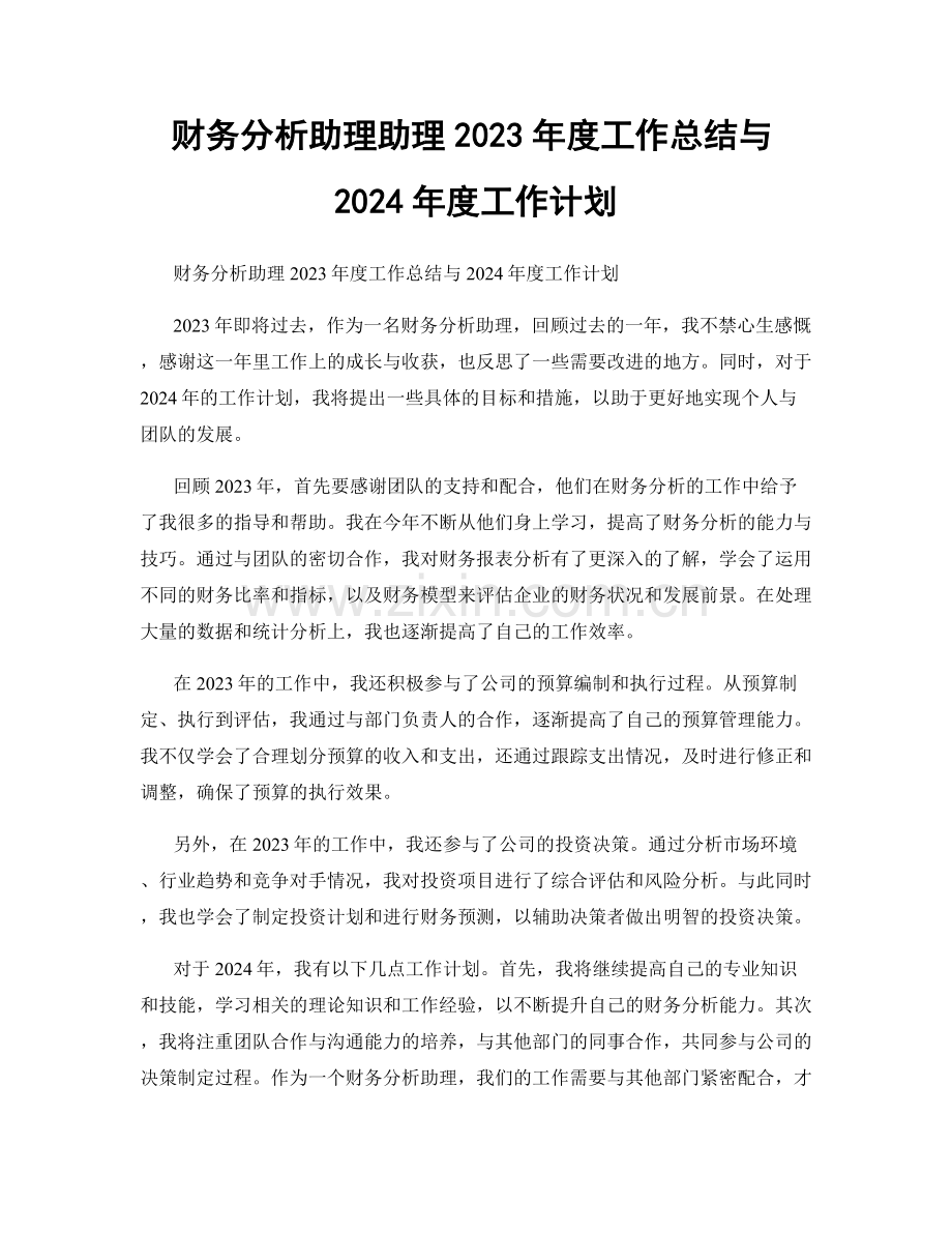 财务分析助理助理2023年度工作总结与2024年度工作计划.docx_第1页