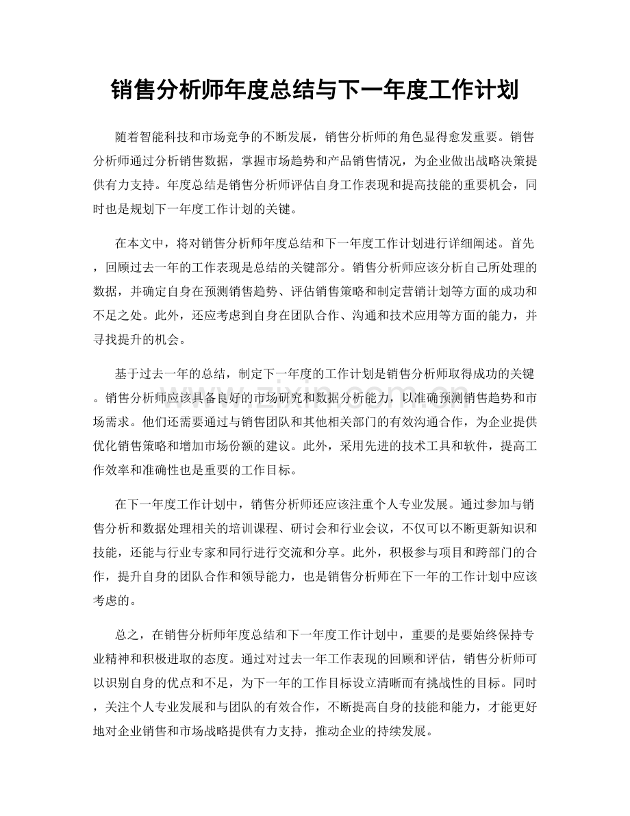 销售分析师年度总结与下一年度工作计划.docx_第1页