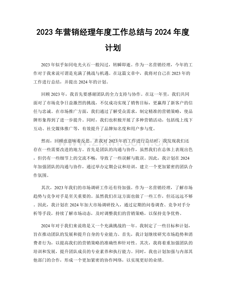 2023年营销经理年度工作总结与2024年度计划.docx_第1页