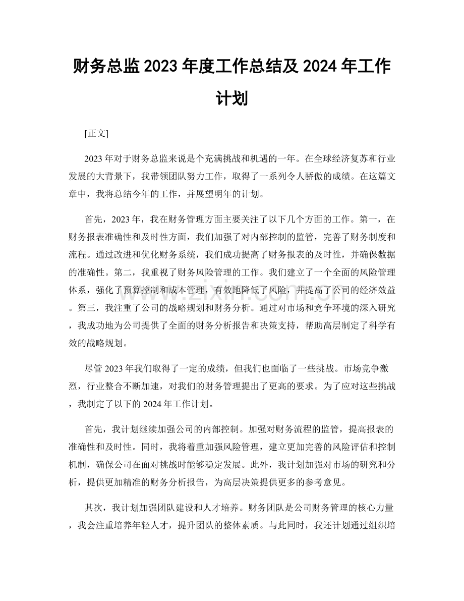 财务总监2023年度工作总结及2024年工作计划.docx_第1页