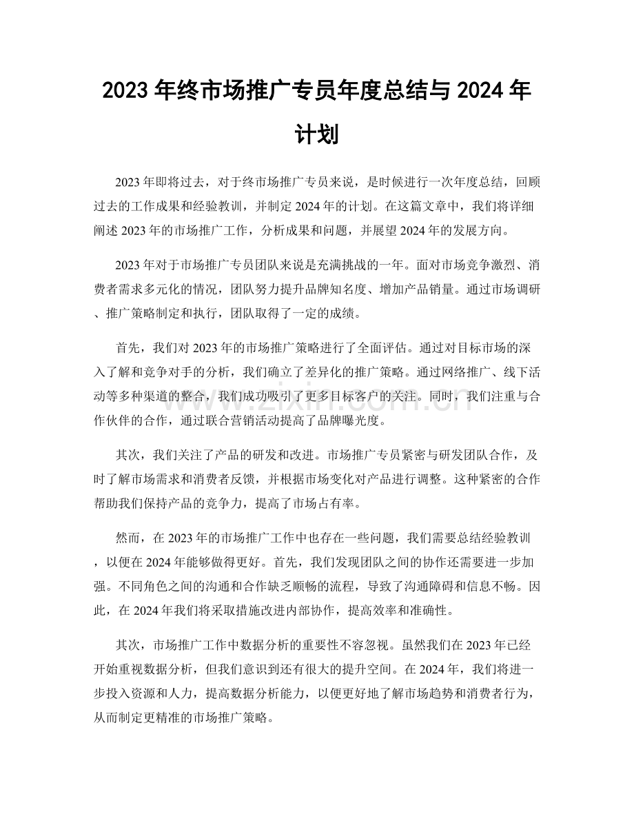 2023年终市场推广专员年度总结与2024年计划.docx_第1页