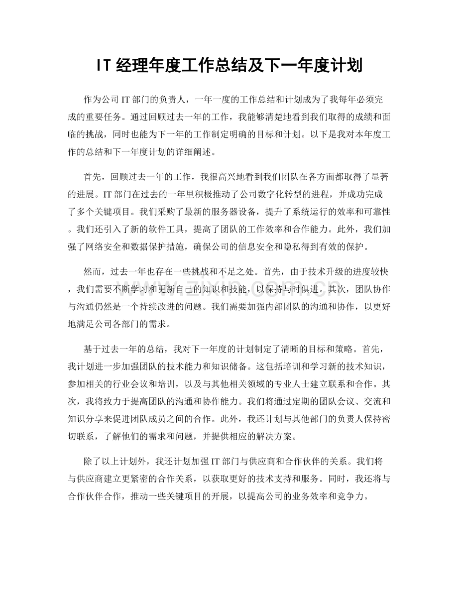 IT经理年度工作总结及下一年度计划.docx_第1页