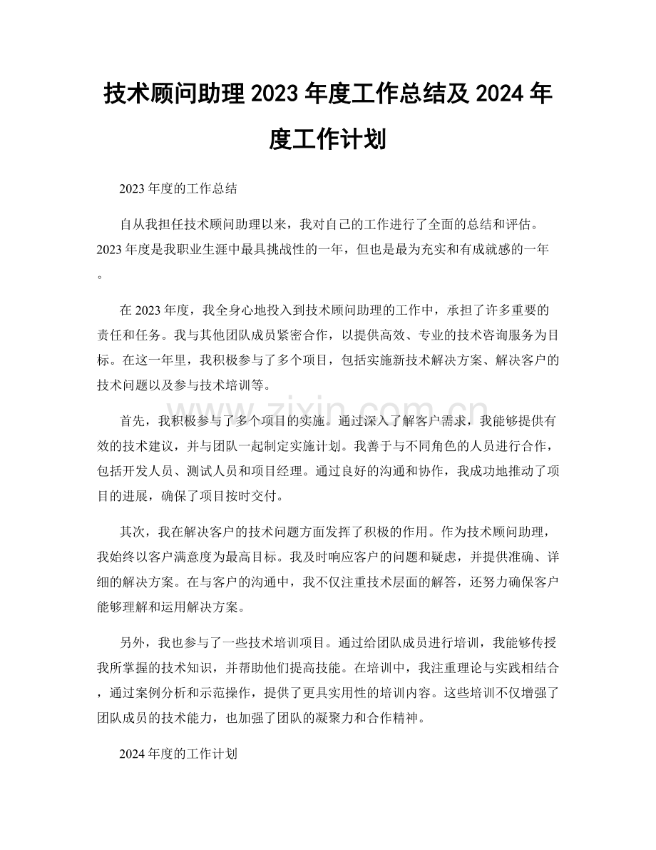 技术顾问助理2023年度工作总结及2024年度工作计划.docx_第1页