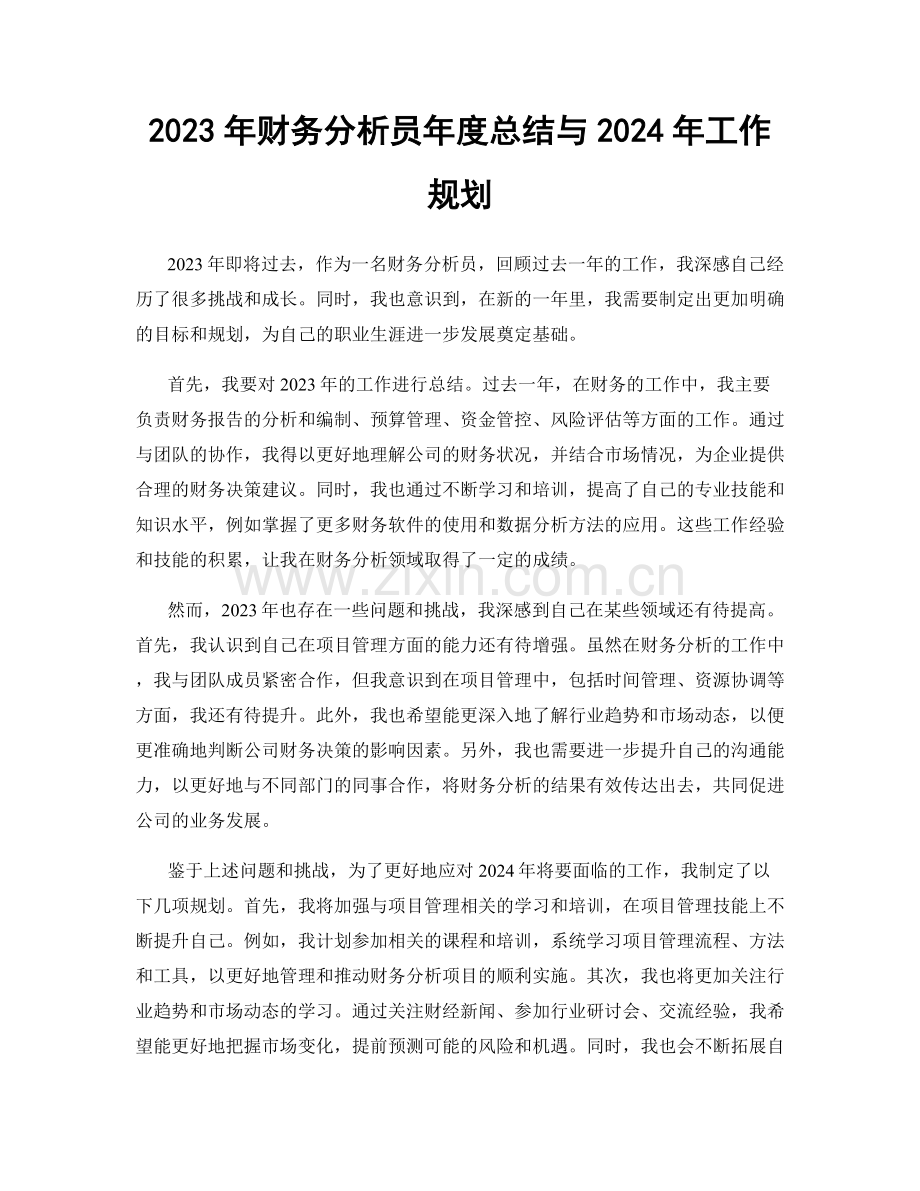 2023年财务分析员年度总结与2024年工作规划.docx_第1页