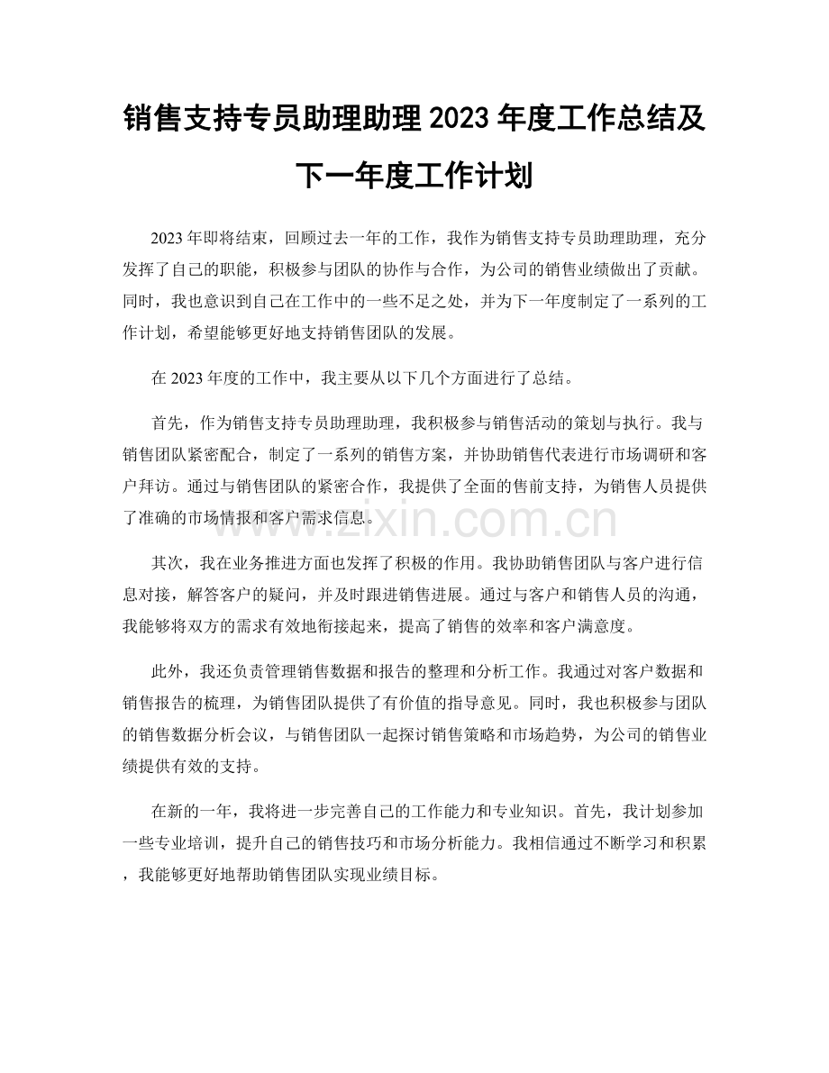 销售支持专员助理助理2023年度工作总结及下一年度工作计划.docx_第1页