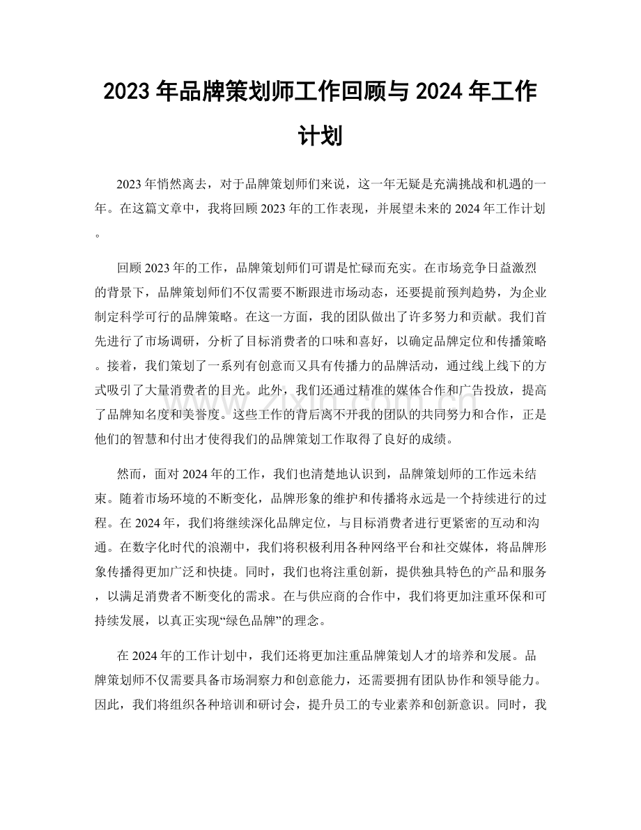 2023年品牌策划师工作回顾与2024年工作计划.docx_第1页