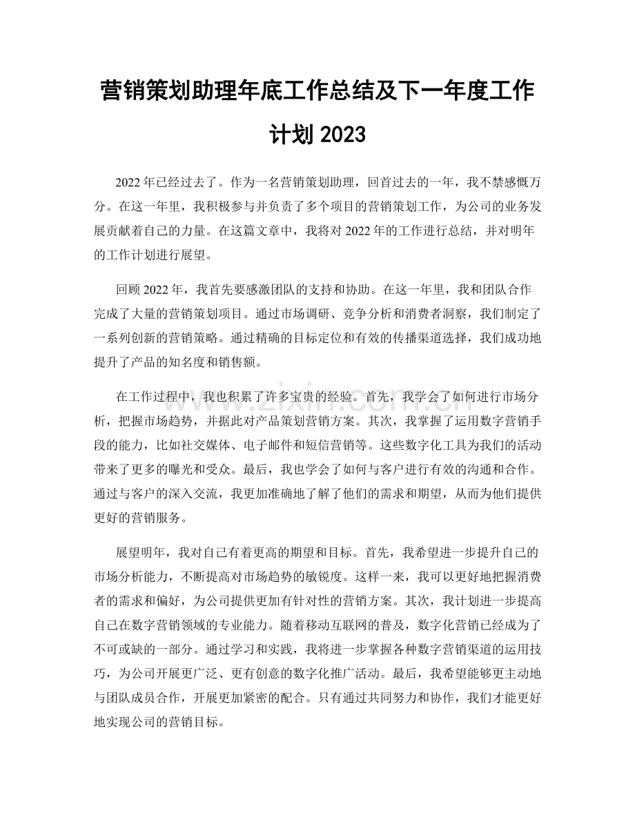 营销策划助理年底工作总结及下一年度工作计划2023.docx_第1页