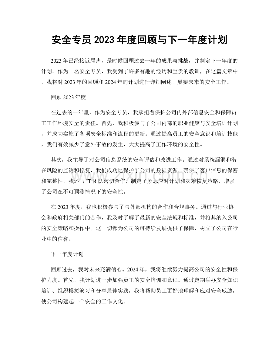 安全专员2023年度回顾与下一年度计划.docx_第1页