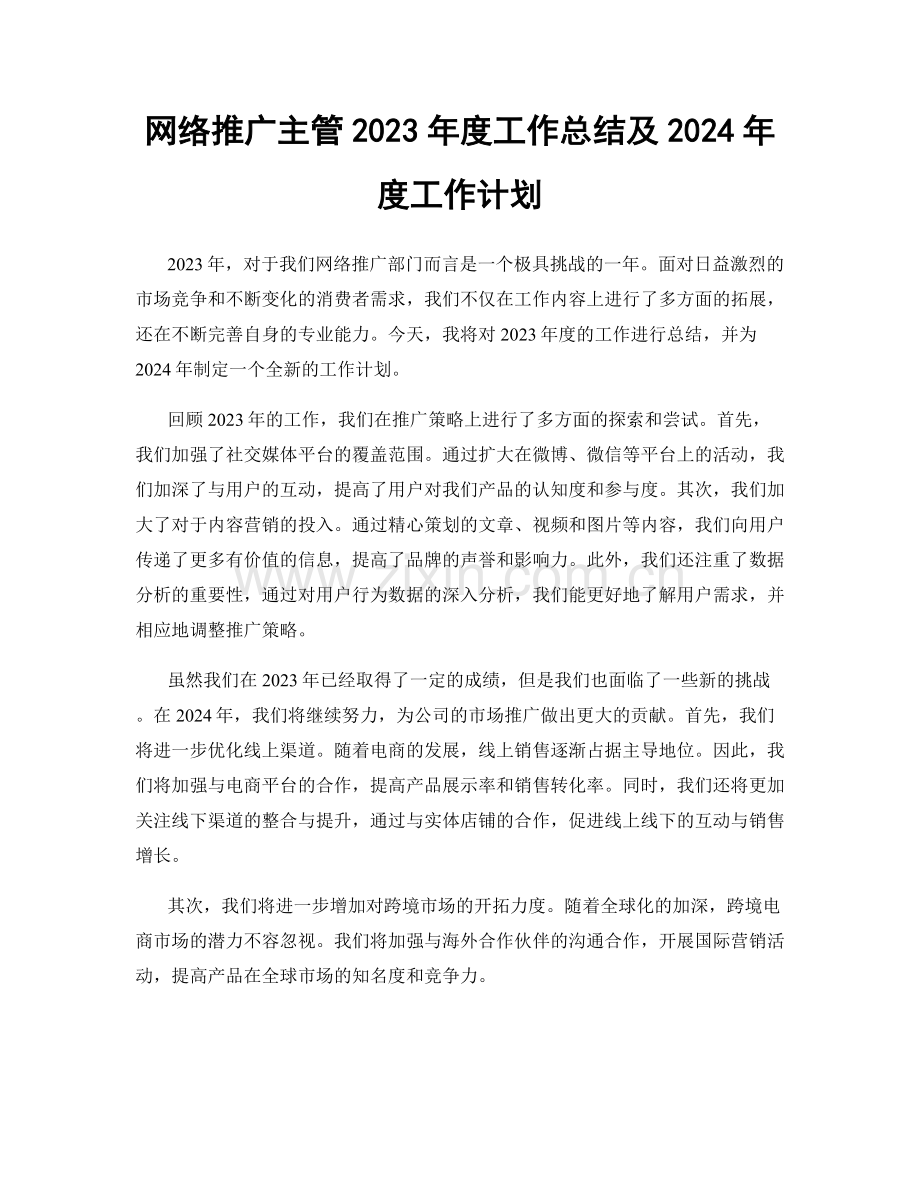 网络推广主管2023年度工作总结及2024年度工作计划.docx_第1页