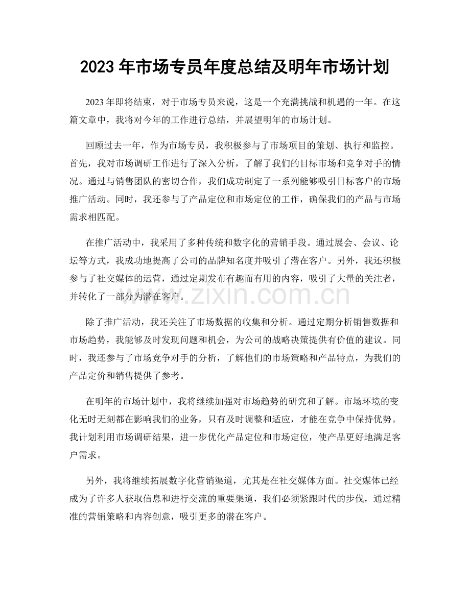 2023年市场专员年度总结及明年市场计划.docx_第1页