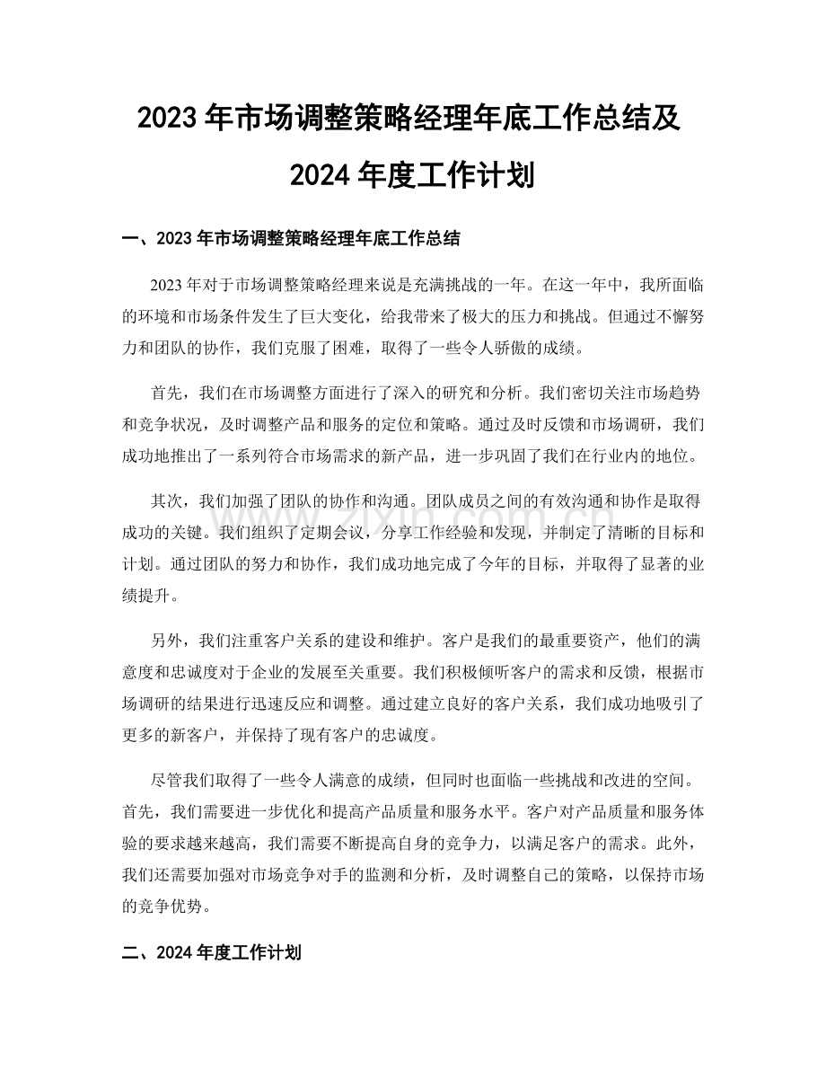 2023年市场调整策略经理年底工作总结及2024年度工作计划.docx_第1页