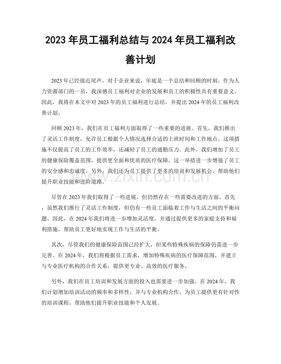 2023年员工福利总结与2024年员工福利改善计划.docx_第1页