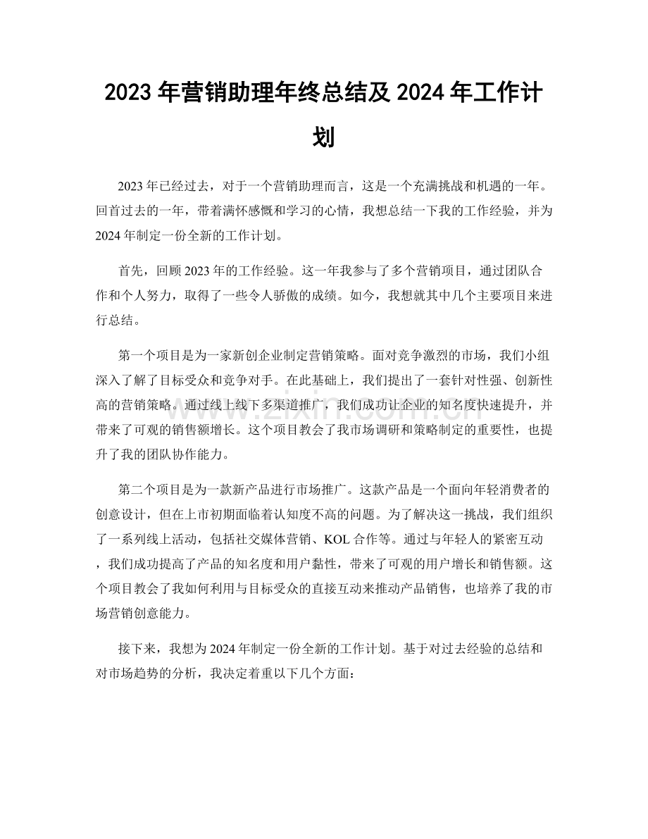 2023年营销助理年终总结及2024年工作计划.docx_第1页