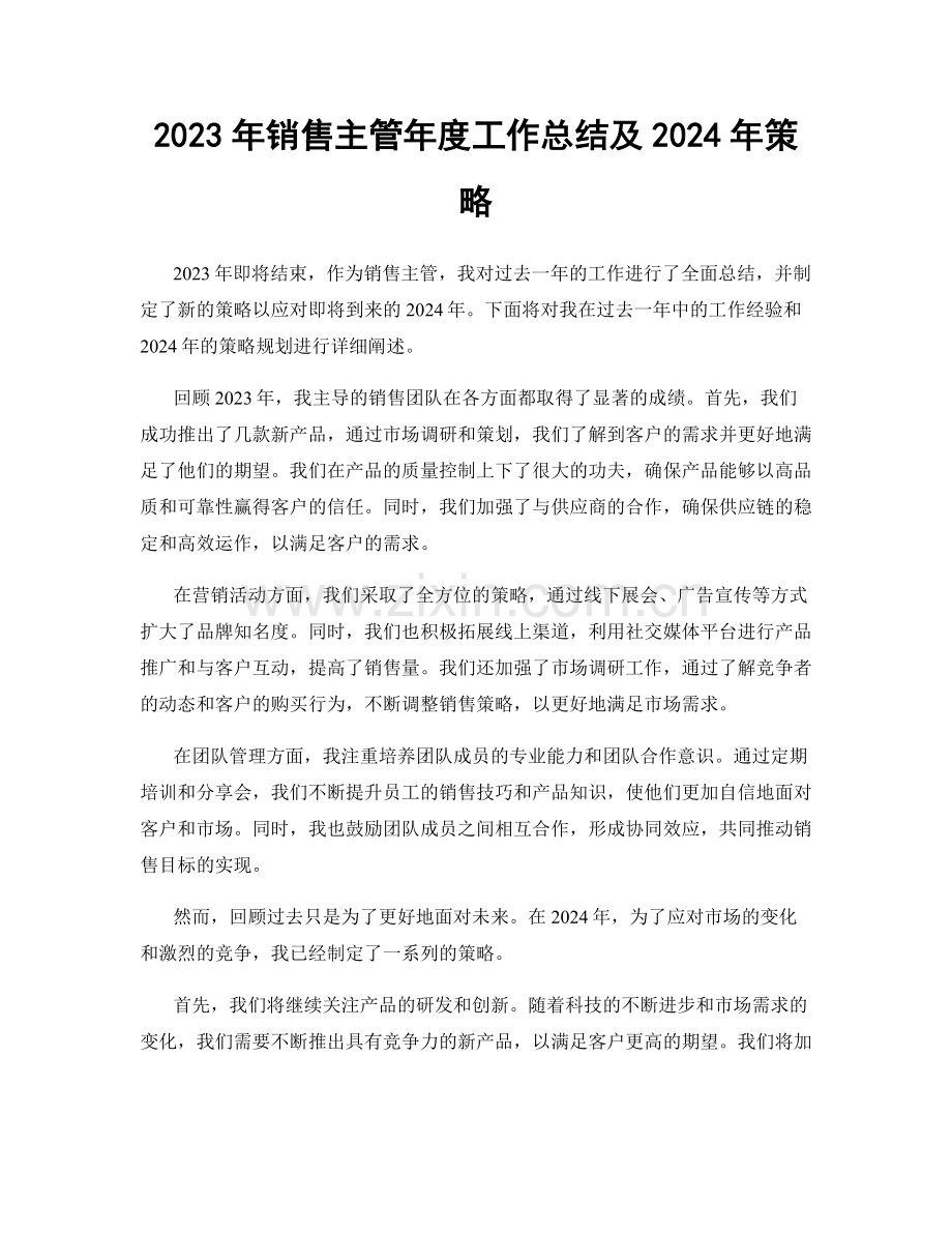 2023年销售主管年度工作总结及2024年策略.docx_第1页