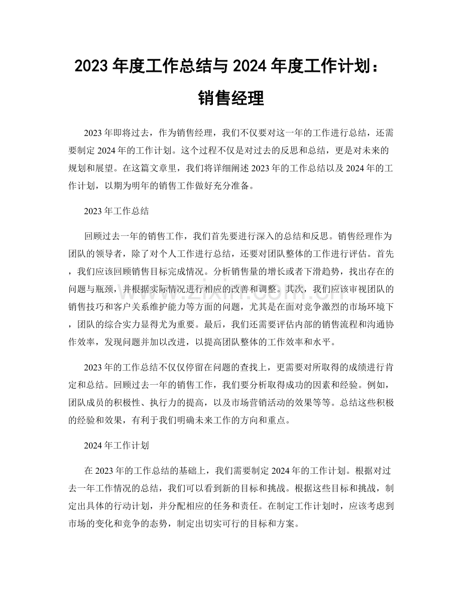 2023年度工作总结与2024年度工作计划：销售经理.docx_第1页