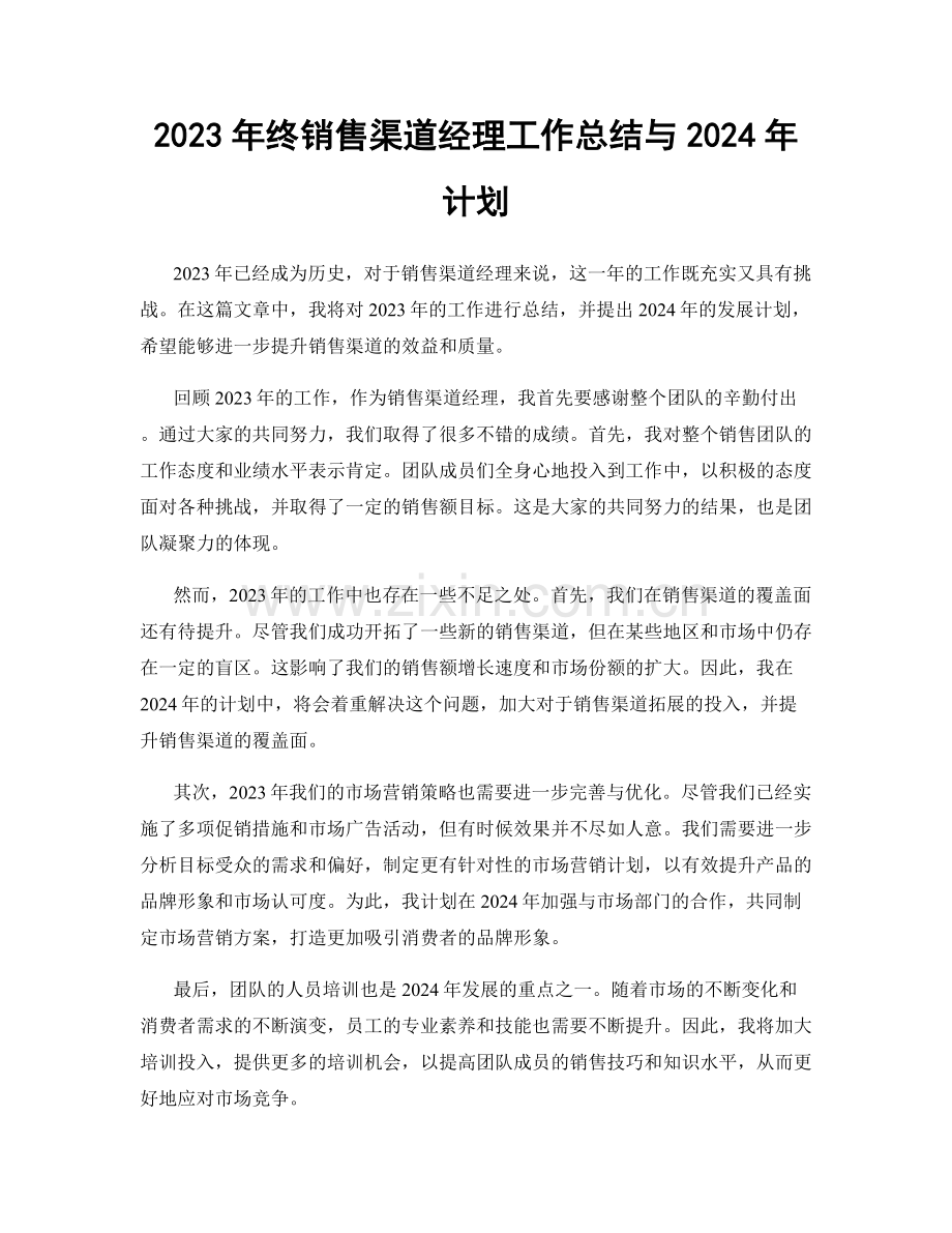 2023年终销售渠道经理工作总结与2024年计划.docx_第1页