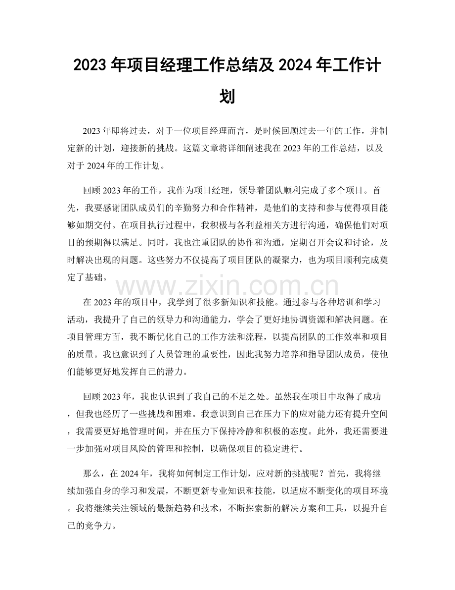 2023年项目经理工作总结及2024年工作计划.docx_第1页