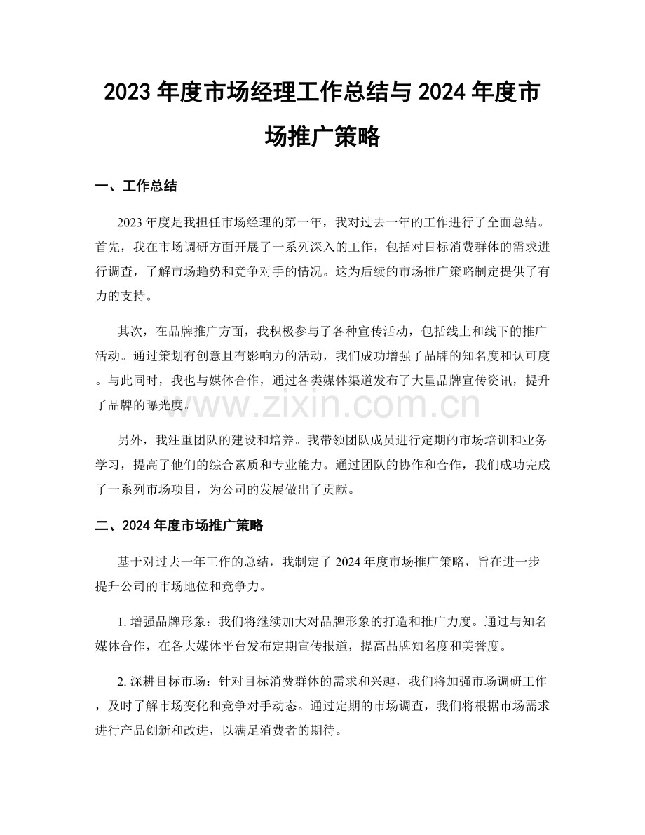 2023年度市场经理工作总结与2024年度市场推广策略.docx_第1页