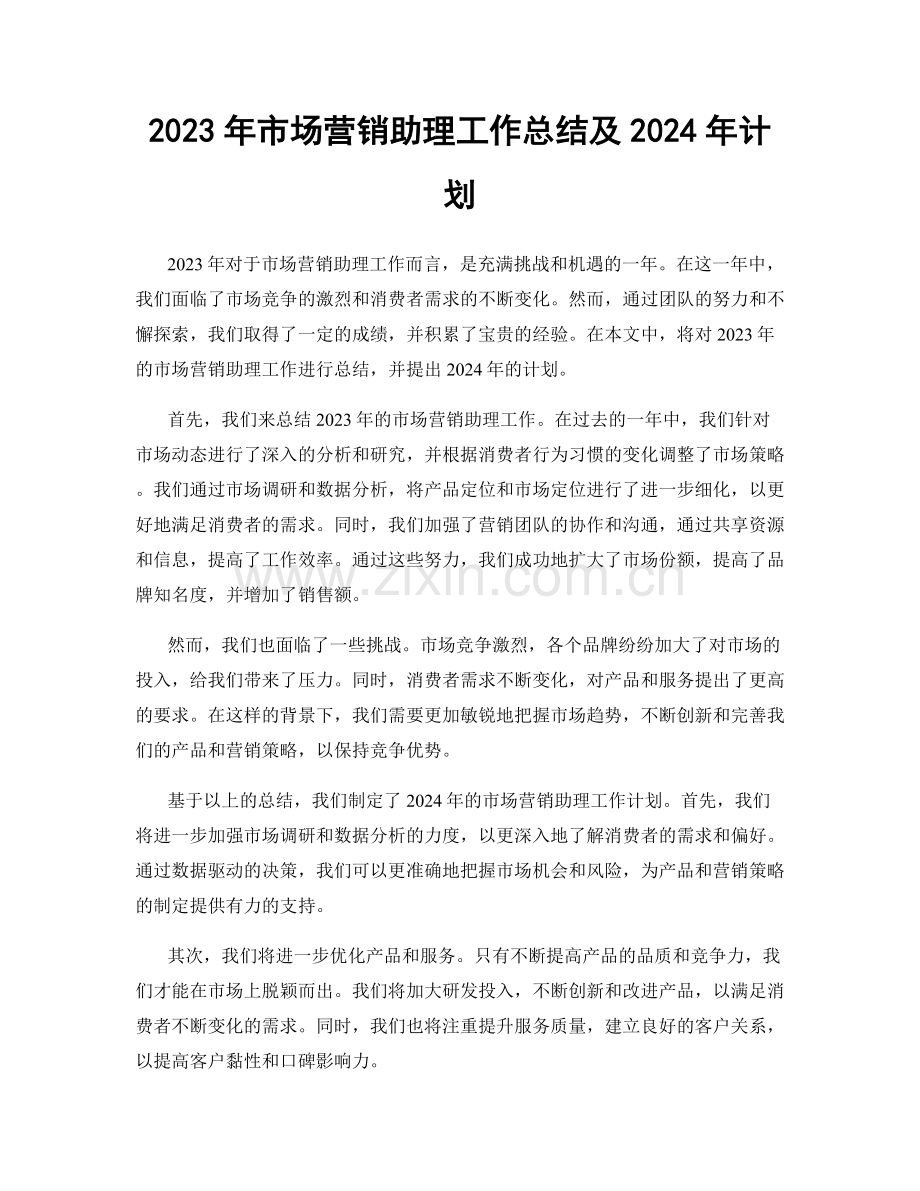 2023年市场营销助理工作总结及2024年计划.docx_第1页