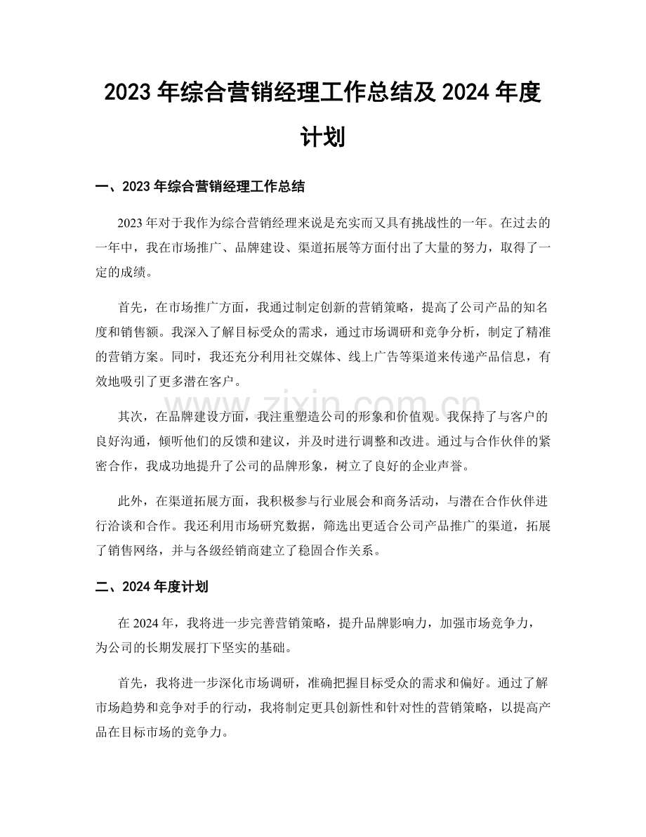 2023年综合营销经理工作总结及2024年度计划.docx_第1页