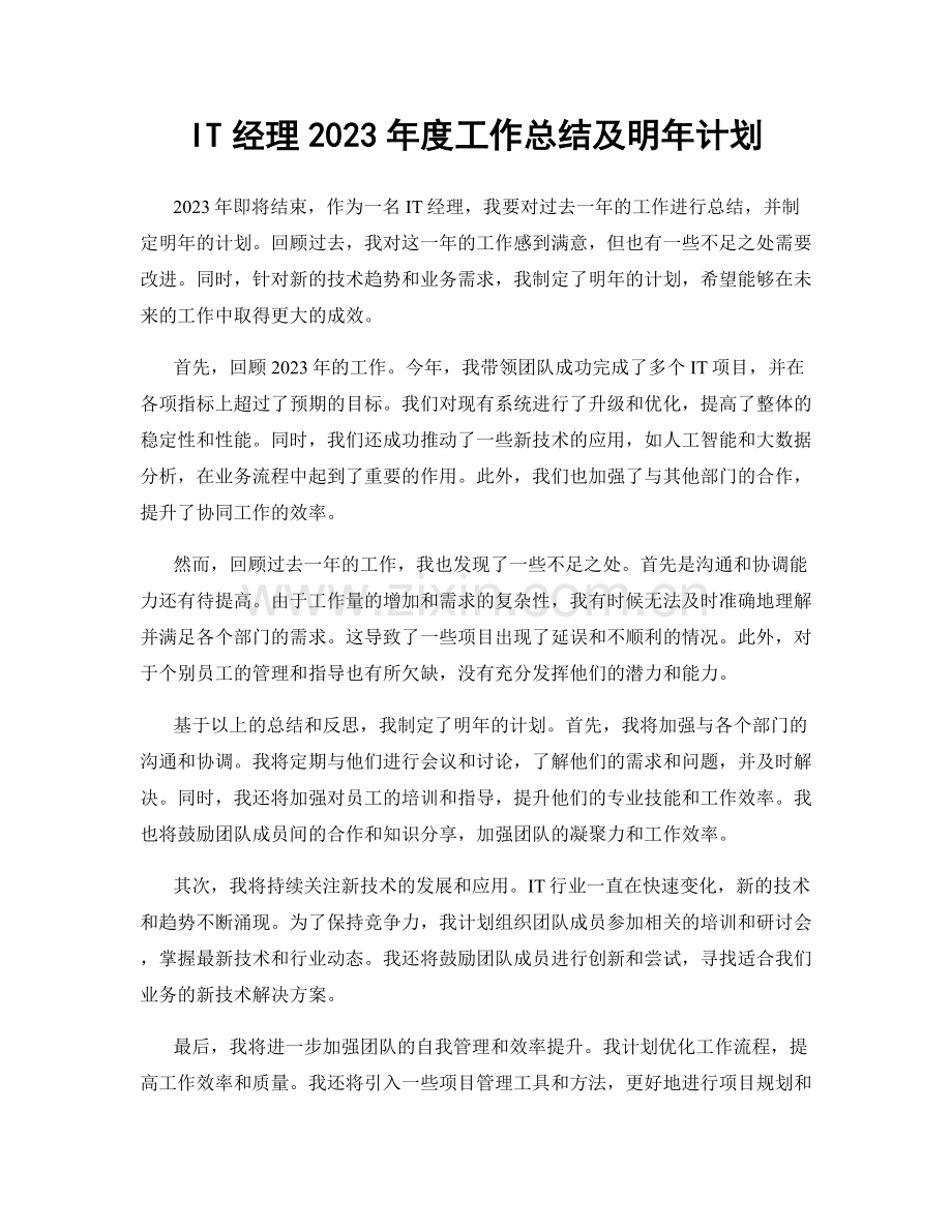 IT经理2023年度工作总结及明年计划.docx_第1页