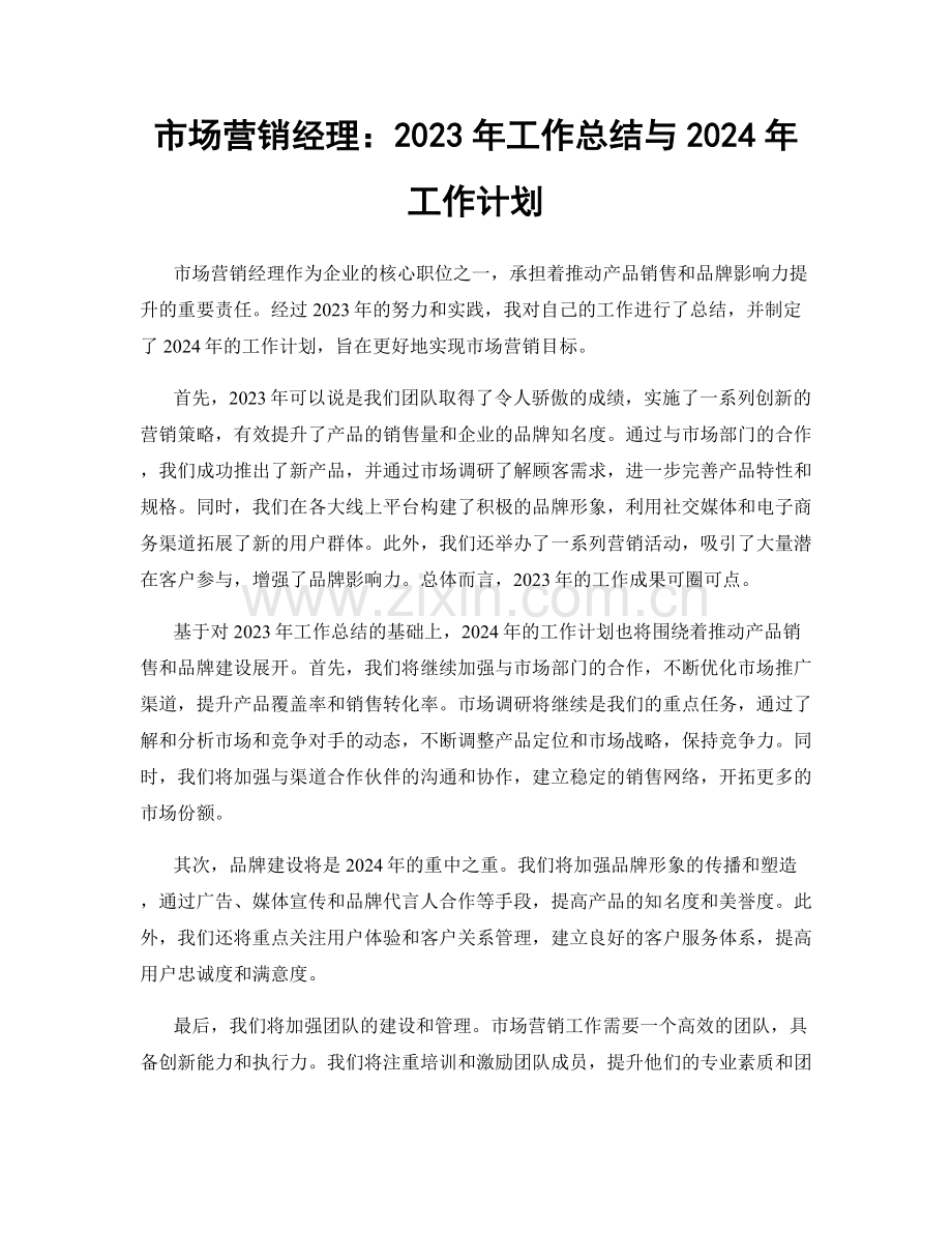 市场营销经理：2023年工作总结与2024年工作计划.docx_第1页