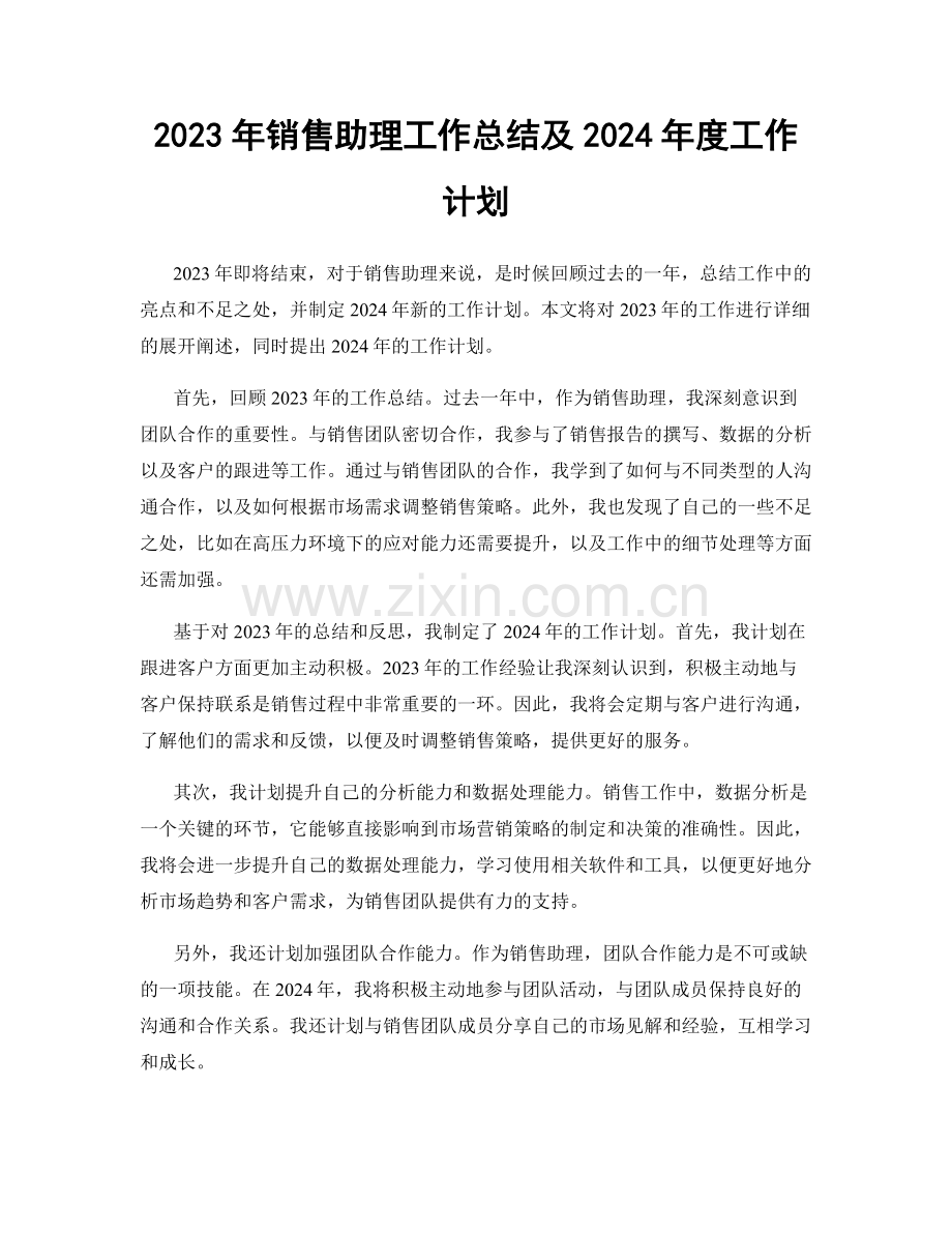 2023年销售助理工作总结及2024年度工作计划.docx_第1页