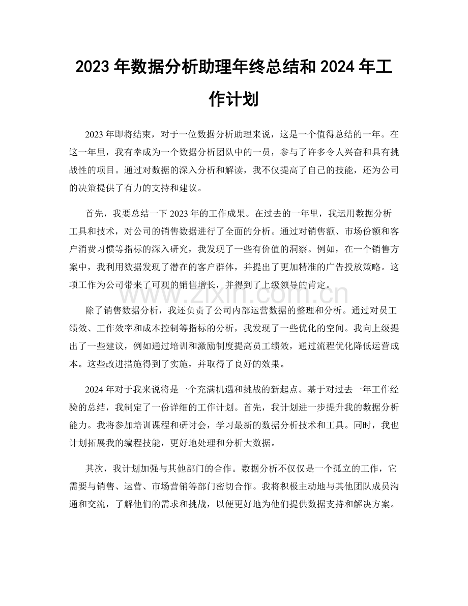 2023年数据分析助理年终总结和2024年工作计划.docx_第1页