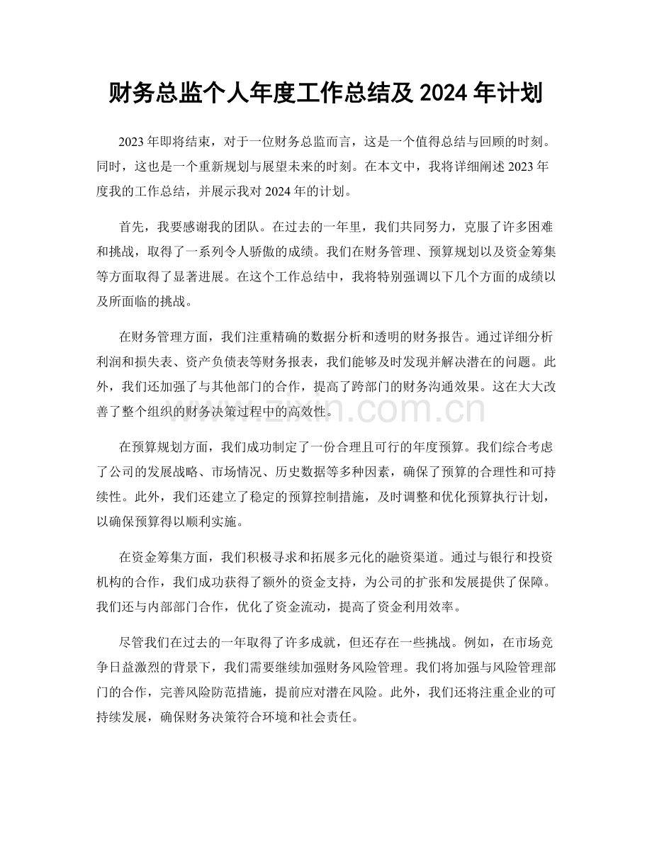 财务总监个人年度工作总结及2024年计划.docx_第1页