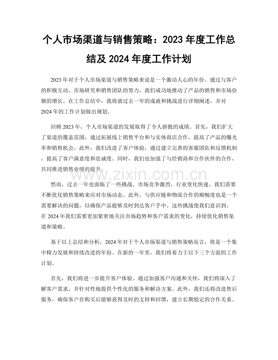 个人市场渠道与销售策略：2023年度工作总结及2024年度工作计划.docx_第1页