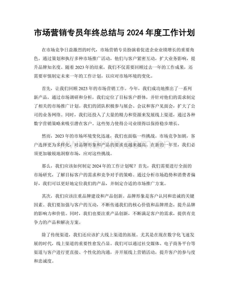 市场营销专员年终总结与2024年度工作计划.docx_第1页