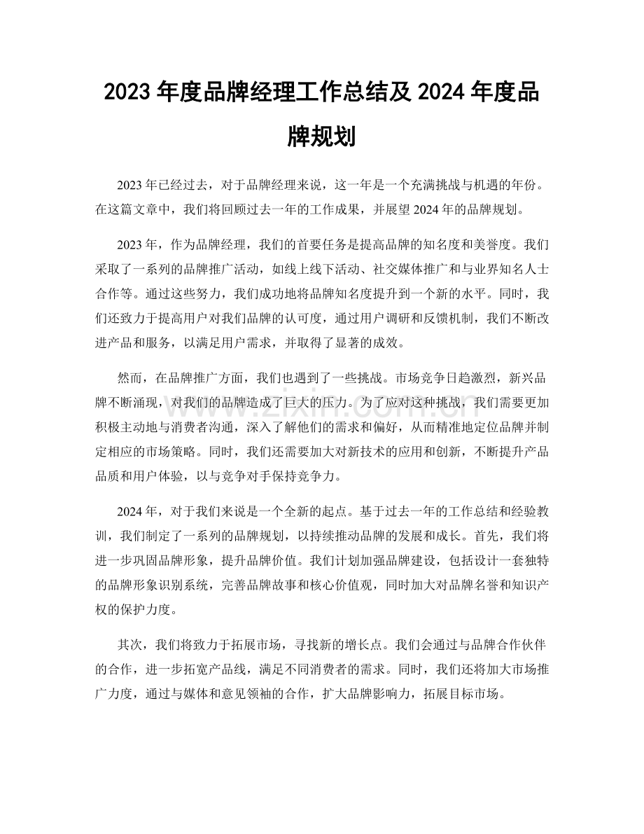 2023年度品牌经理工作总结及2024年度品牌规划.docx_第1页