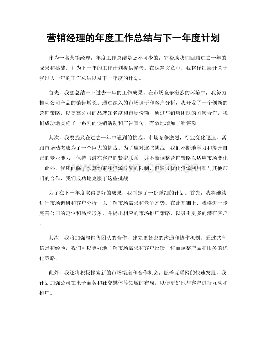 营销经理的年度工作总结与下一年度计划.docx_第1页