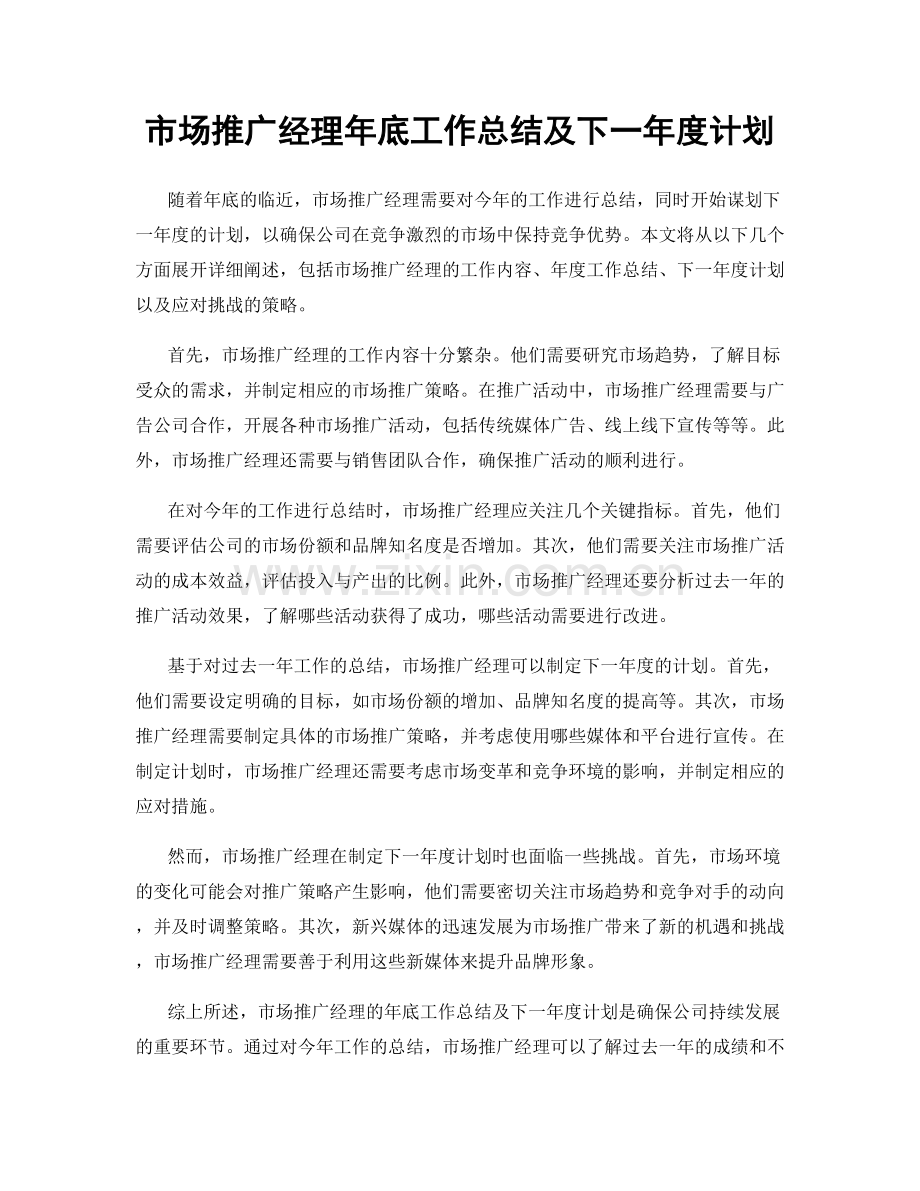 市场推广经理年底工作总结及下一年度计划.docx_第1页