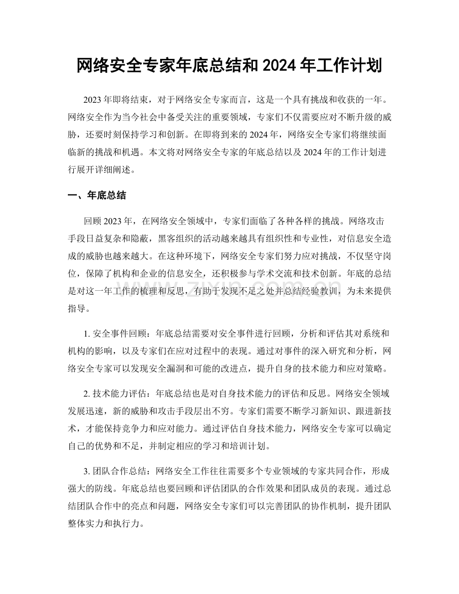 网络安全专家年底总结和2024年工作计划.docx_第1页