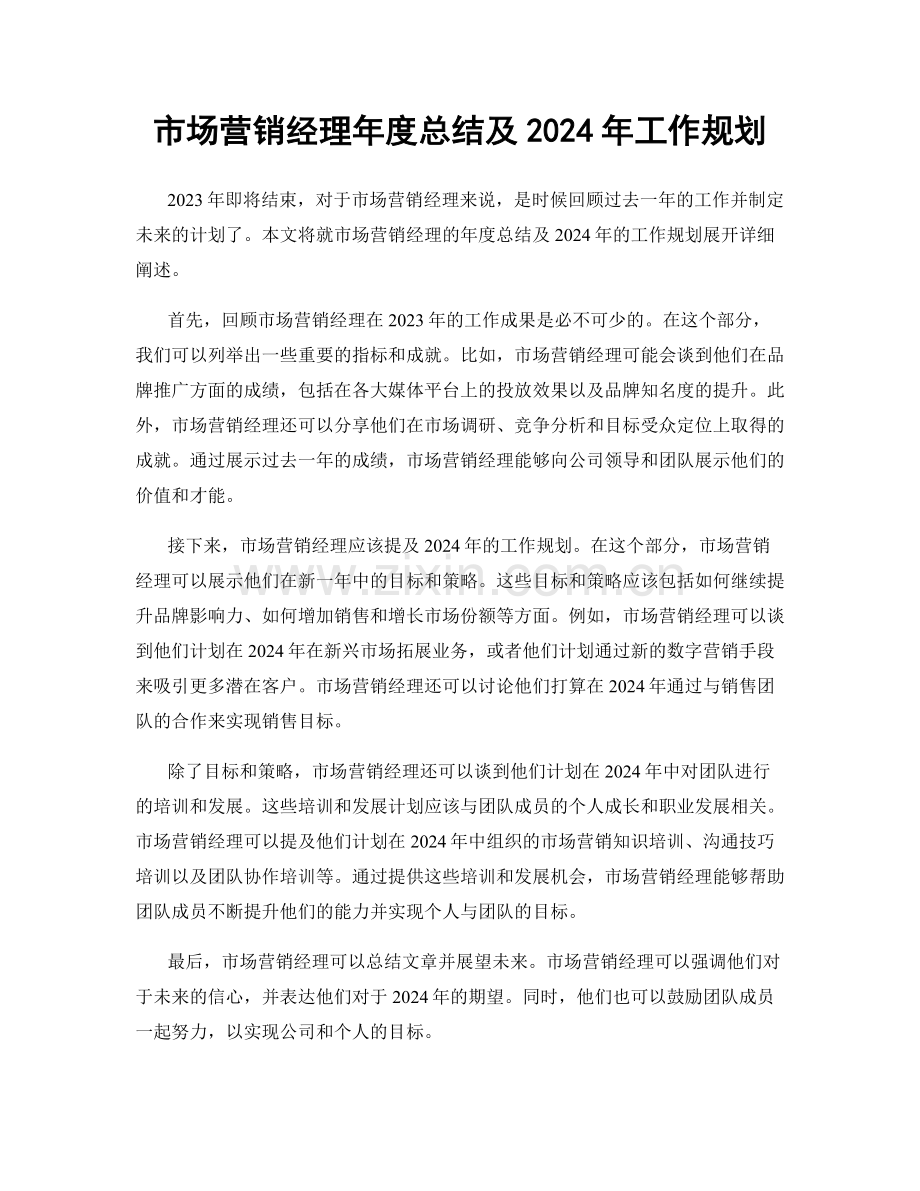 市场营销经理年度总结及2024年工作规划.docx_第1页