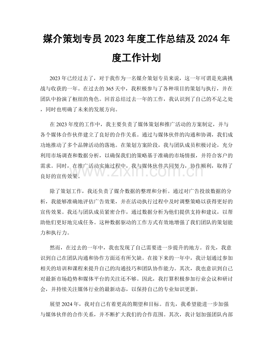 媒介策划专员2023年度工作总结及2024年度工作计划.docx_第1页