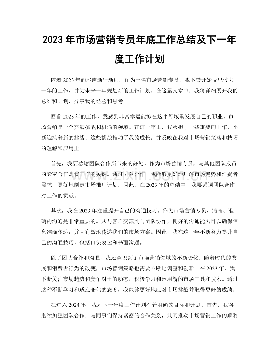 2023年市场营销专员年底工作总结及下一年度工作计划.docx_第1页