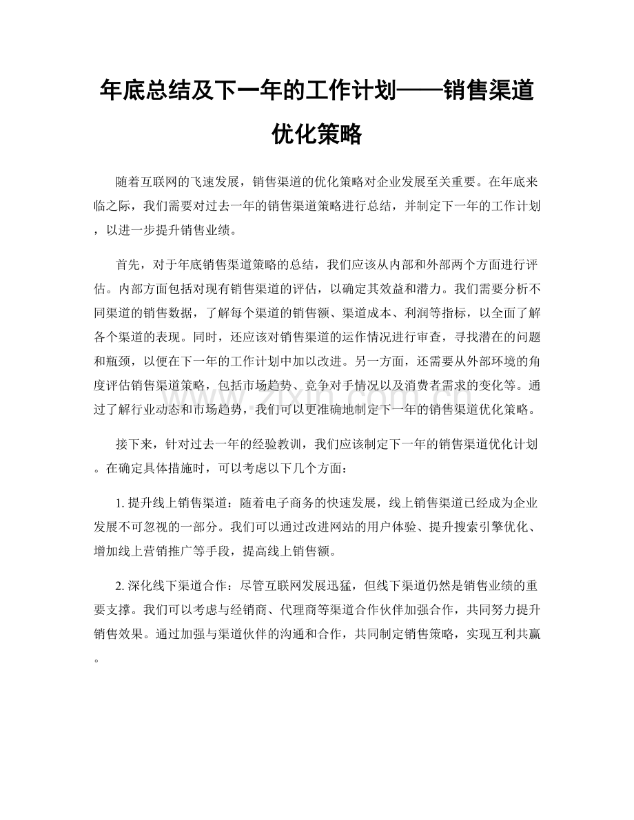 年底总结及下一年的工作计划——销售渠道优化策略.docx_第1页