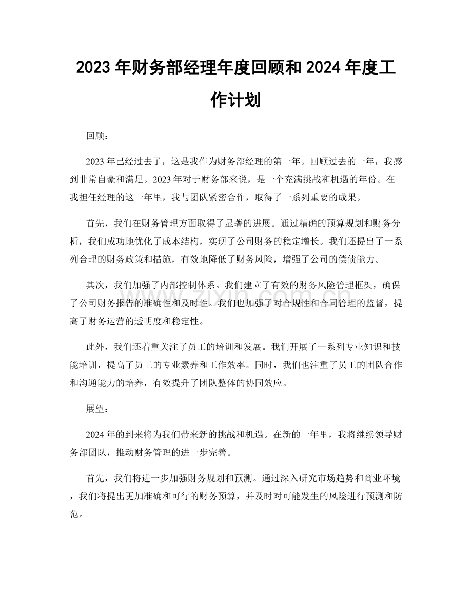 2023年财务部经理年度回顾和2024年度工作计划.docx_第1页