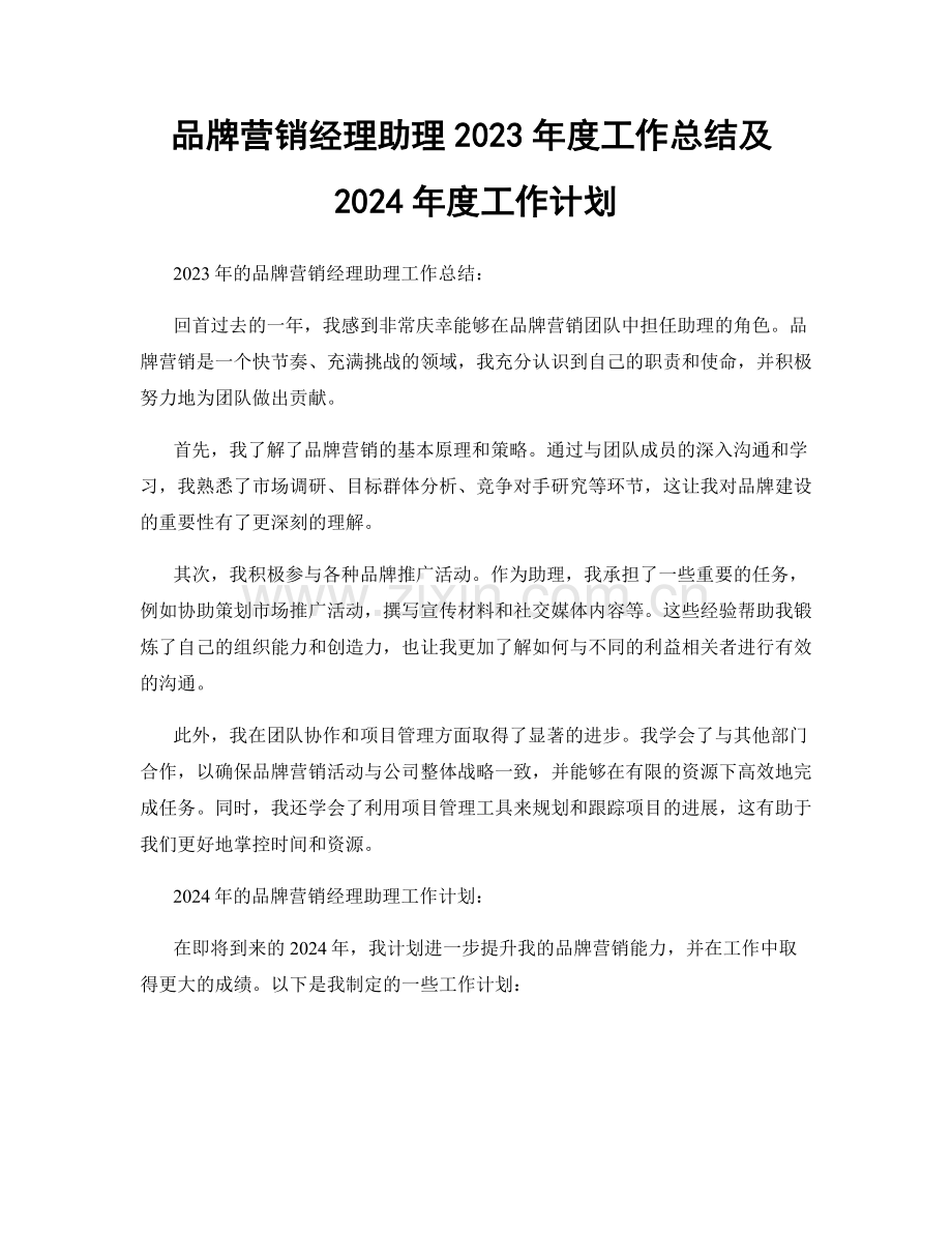 品牌营销经理助理2023年度工作总结及2024年度工作计划.docx_第1页