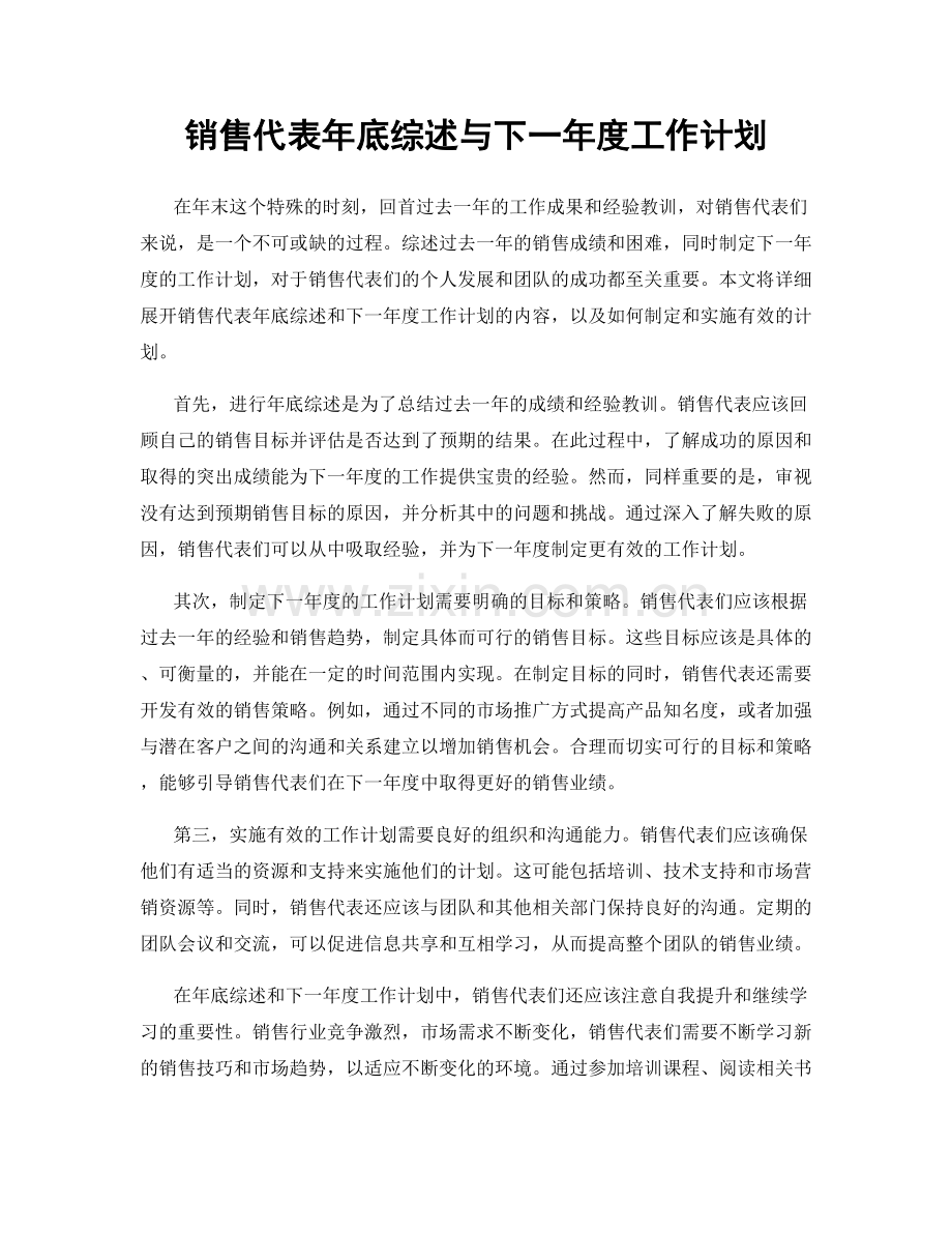 销售代表年底综述与下一年度工作计划.docx_第1页