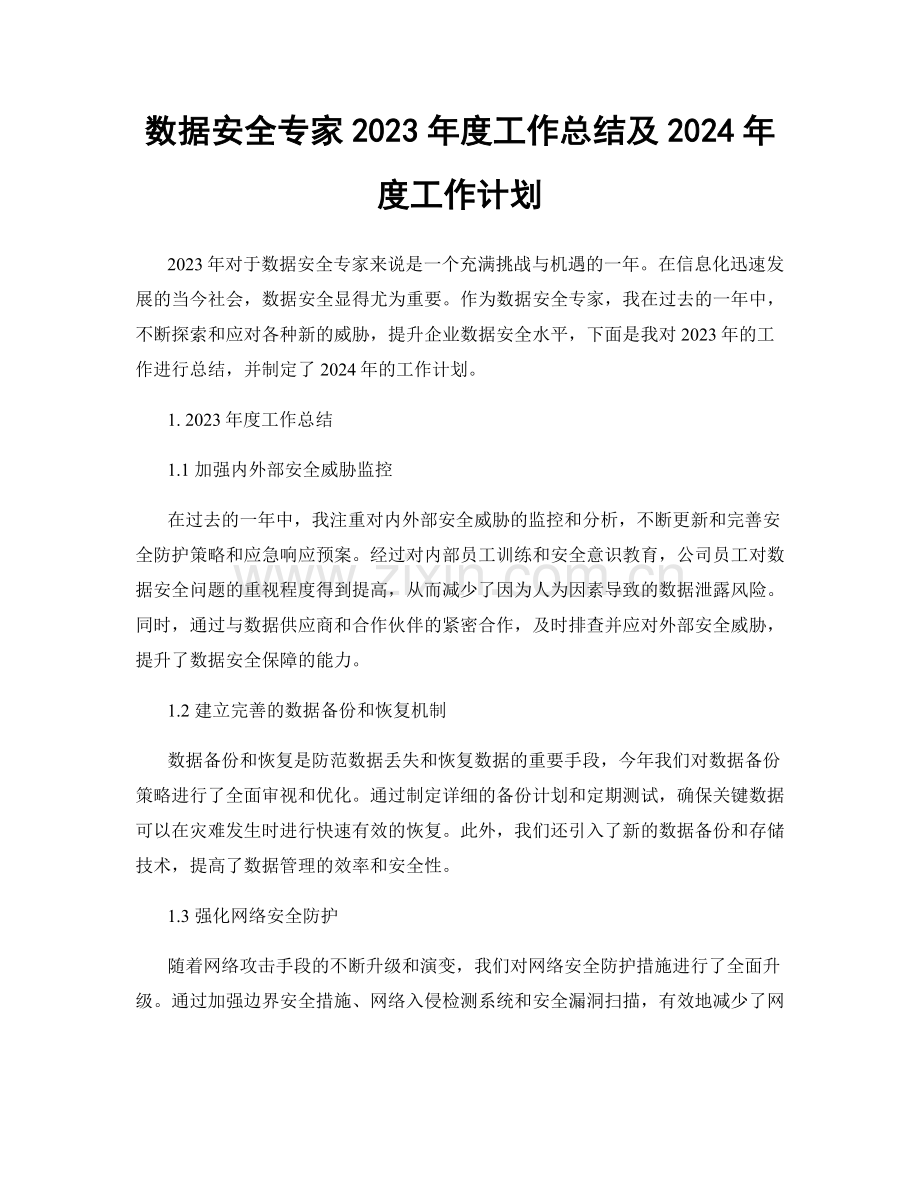 数据安全专家2023年度工作总结及2024年度工作计划.docx_第1页