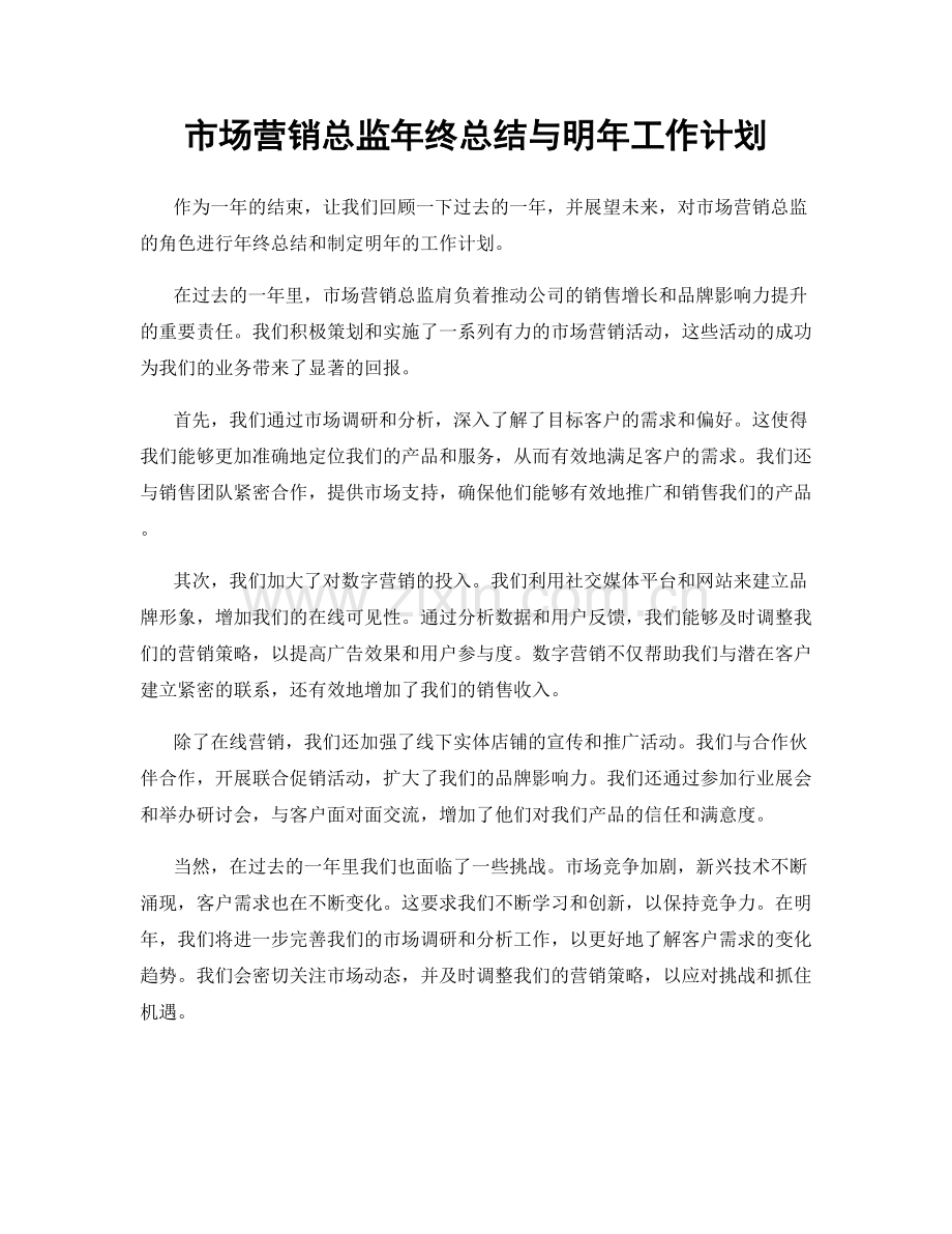 市场营销总监年终总结与明年工作计划.docx_第1页