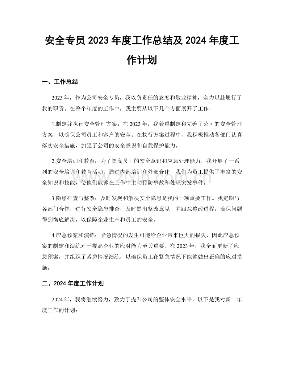 安全专员2023年度工作总结及2024年度工作计划.docx_第1页