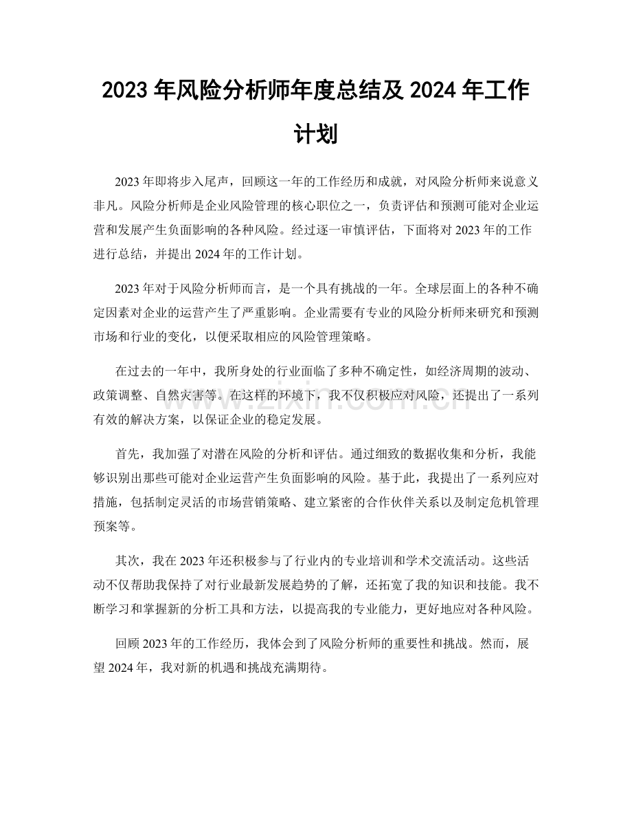 2023年风险分析师年度总结及2024年工作计划.docx_第1页