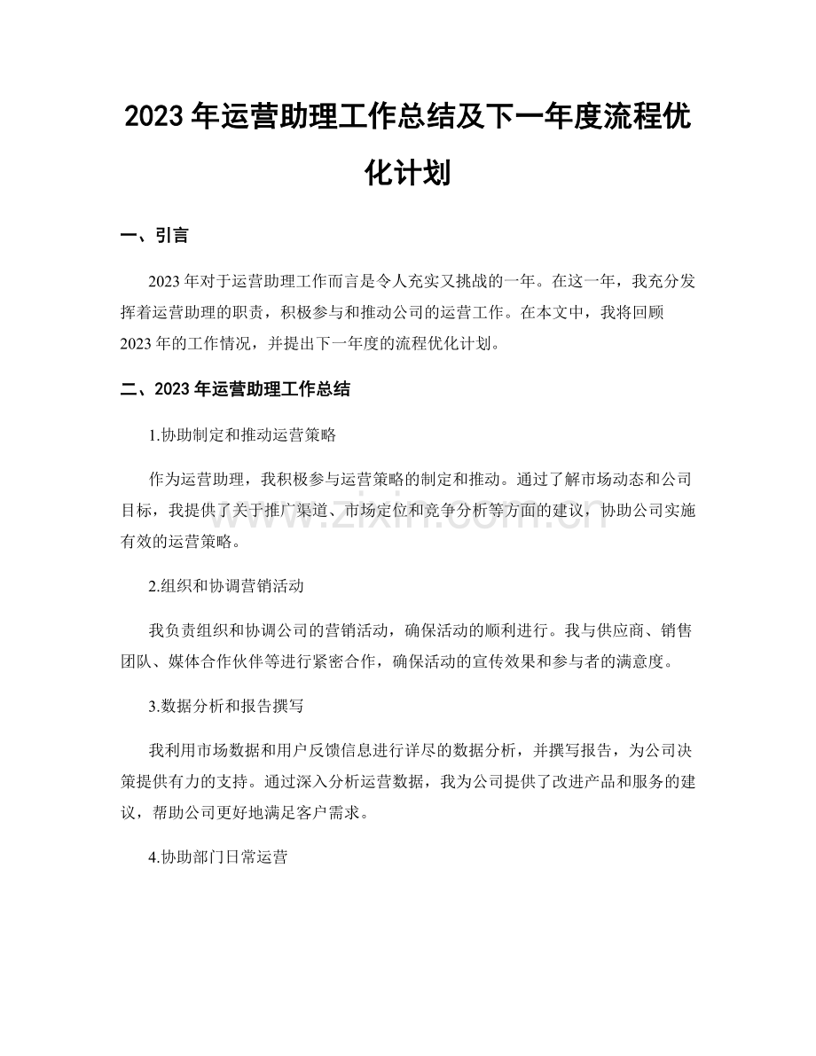 2023年运营助理工作总结及下一年度流程优化计划.docx_第1页