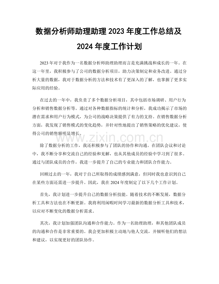 数据分析师助理助理2023年度工作总结及2024年度工作计划.docx_第1页